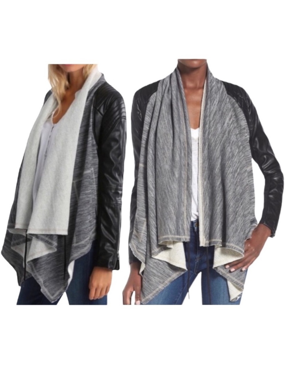 Blank NYC Dating & Waiting Open Drape Front Faux Leather Jacket Black Gray Moto